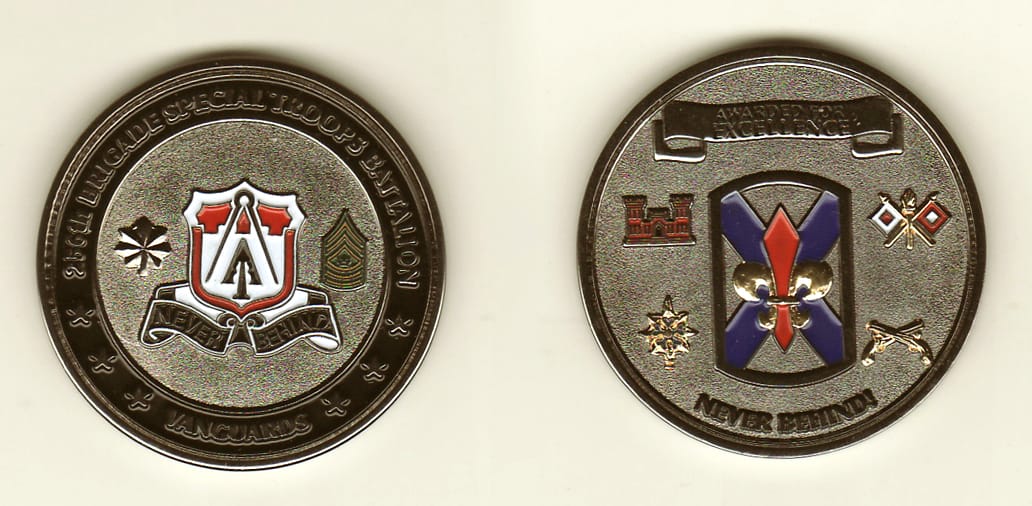 Round shaped, gun metal black colored coin, 1-5/8 inches in diameter.