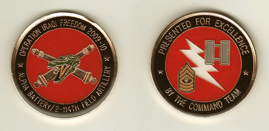 Round shaped, brass colored coin, 1-5/8 inches in diameter.