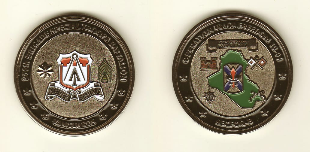 Round shaped, gun metal black colored coin, 1-5/8 inches in diameter.