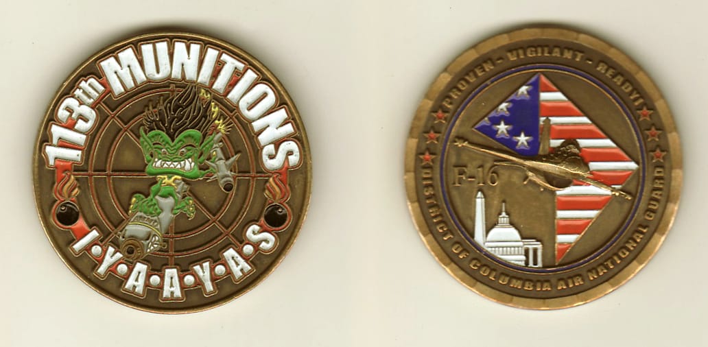 Round shaped, brass colored coin, 1-5/8 inches in diameter.