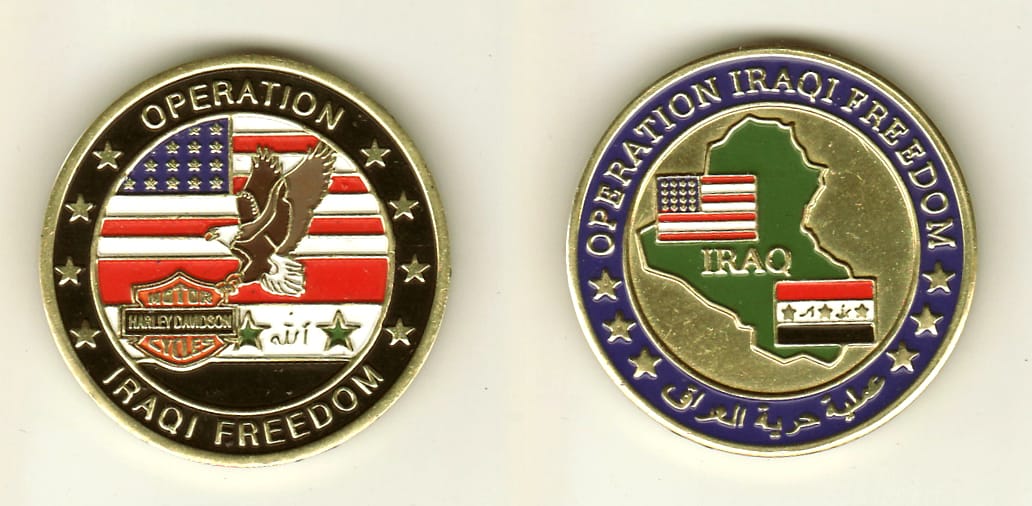 Round shaped, brass colored coin, 1-5/8 inches in diameter.