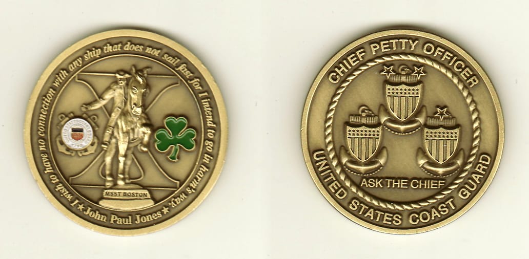 Round shaped, brass colored coin, 1-3/4 inches in diameter.