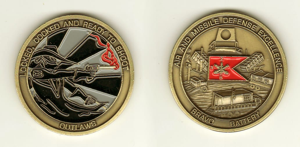 Round shaped, brass colored coin, 1-7/8 inches in diameter.