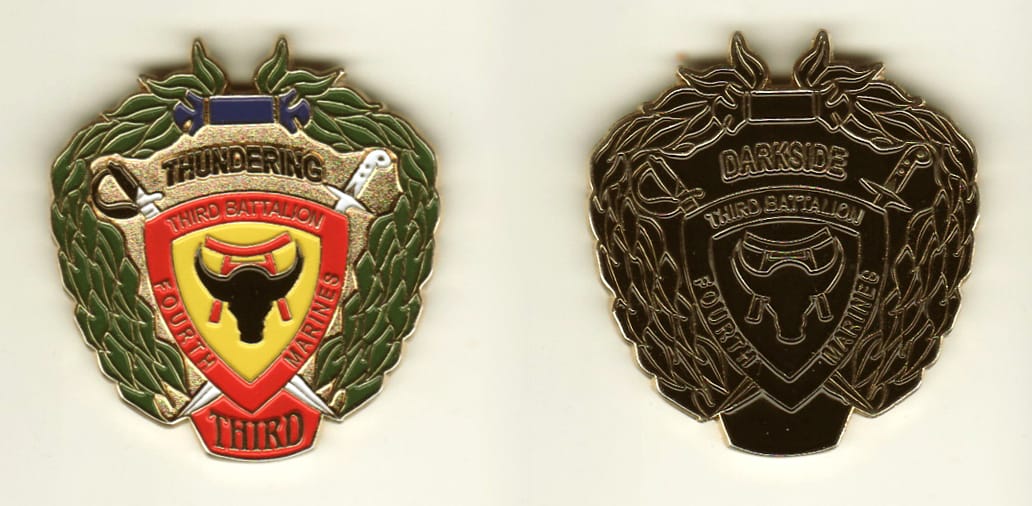 Shield with Laurel leaves surrounding shaped, brass colored coin,1-1/2 inches wide x 1-1/2 inches high.