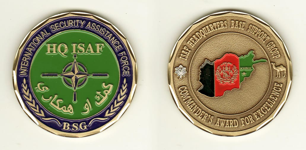 Round shaped, brass colored coin, 2 inches in diameter.