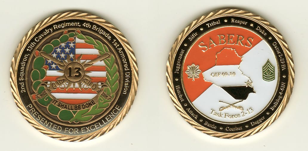 Round shaped, brass colored coin, 2 inches in diameter.