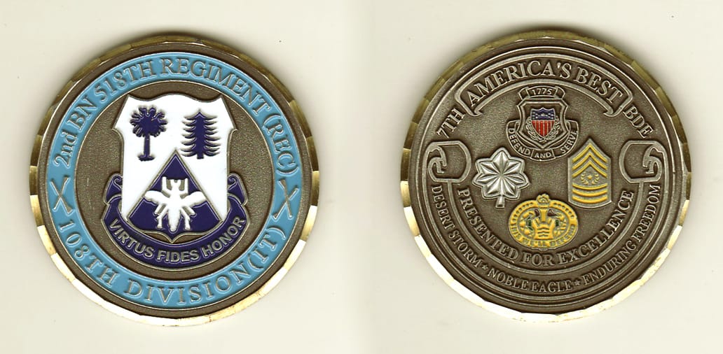 Round shaped, brass colored coin, 2 inches in diameter.