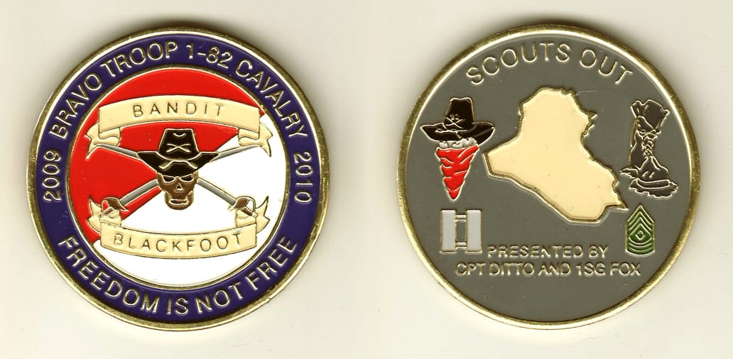 Round shaped, brass colored coin, 2 inches in diameter.