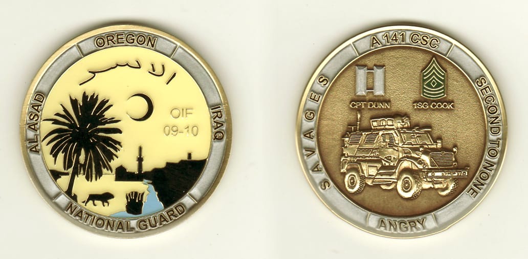 Round shaped, brass colored coin, 2 inches in diameter.