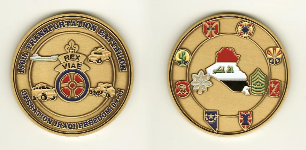 Round shaped, brass colored coin, 2 inches in diameter.