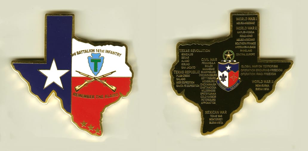 Texas shaped, gold colored coin, 2-1/2 inches wide x 2-1/2 inches high.