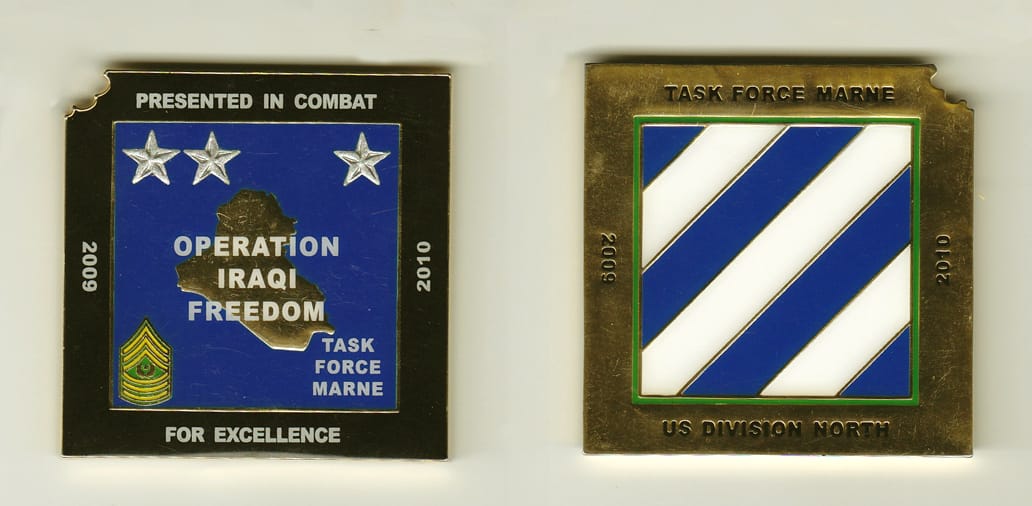 Square shaped, gold colored coin, 2-1/4 inches wide x 2-1/4 inches high.