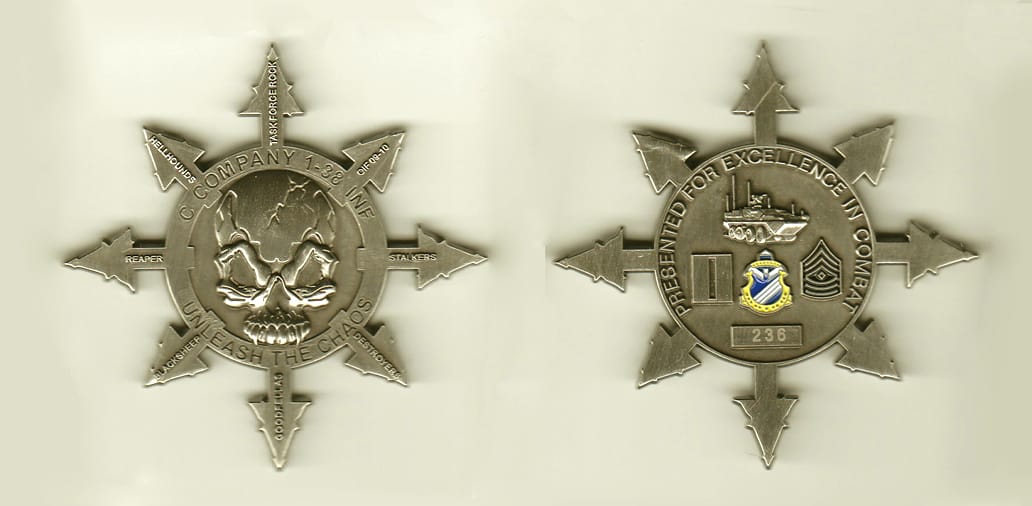 Round shaped with eight arrows extended, gold colored coin, 2-1/2 inches wide x 2-1/2inches high.