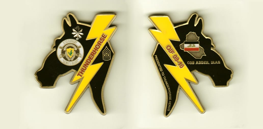 Horse head shaped with lighting bolt extended, brass colored coin, 1-1/2 inches wide x 2-1/2 inches high.