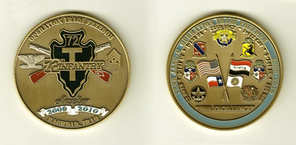 Round shaped, brass colored coin, 2-1/2 inches in diameter.