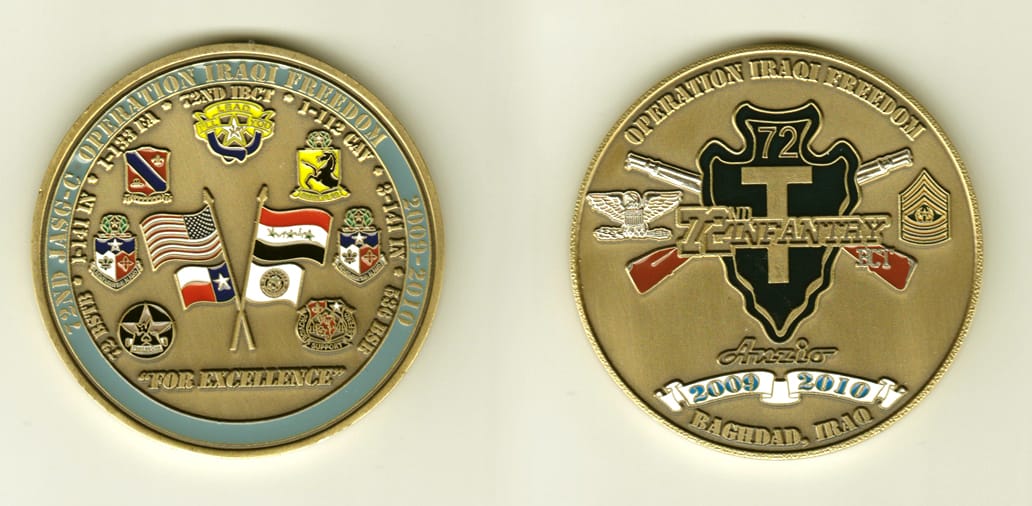 Round shaped, brass colored coin, 2-1/2 inches in diameter.