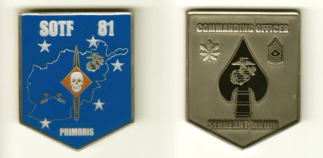 Shield shaped, pewter colored coin, 1-3/4 inches wide x 2 inches high.