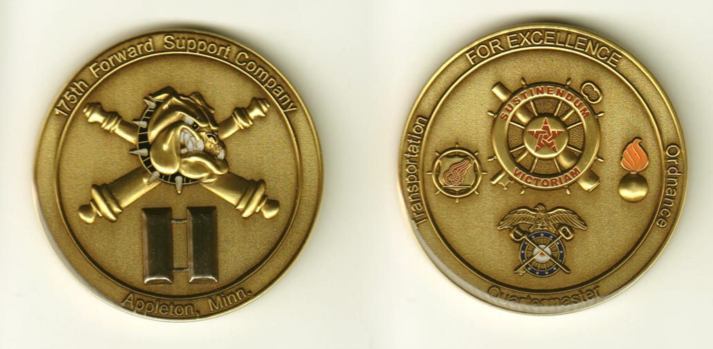 Round shaped, brass colored coin, 2 inches in diameter.