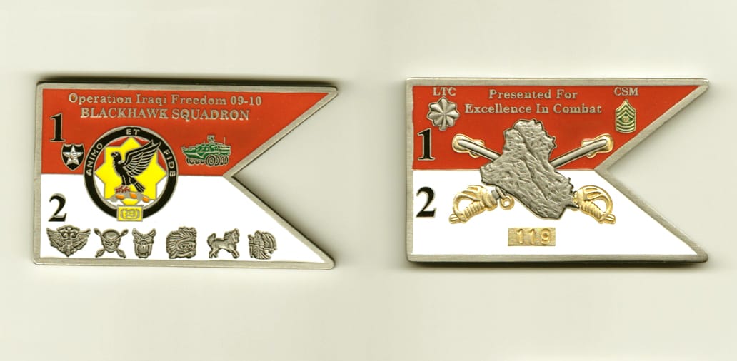 Guidon shaped, pewter colored coin, 2 inches wide x 1-1/2 inches high.