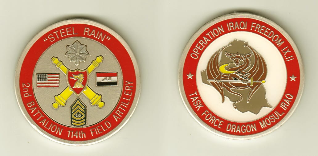 Round shaped, pewter colored coin, 2 inches in diameter.