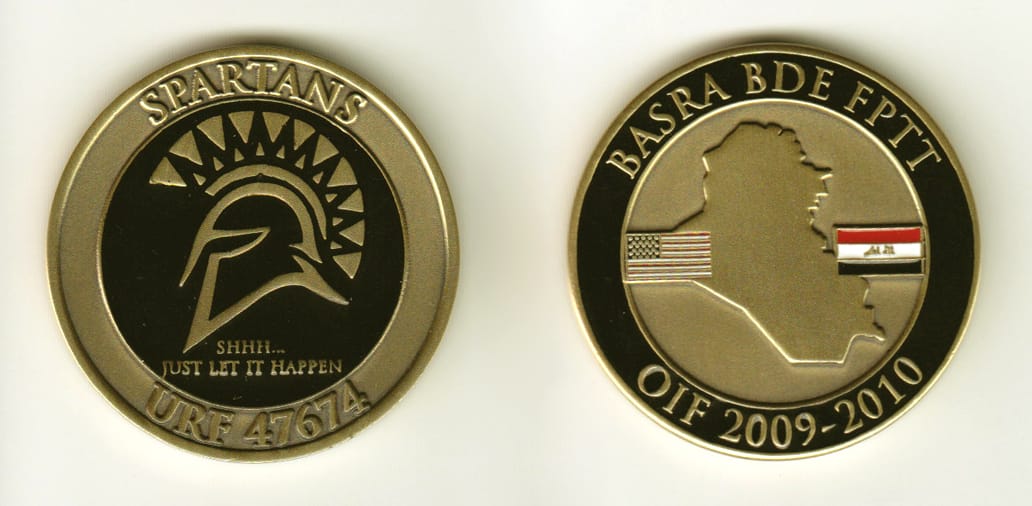 Round shaped, brass colored coin, 1-3/4 inches in diameter.