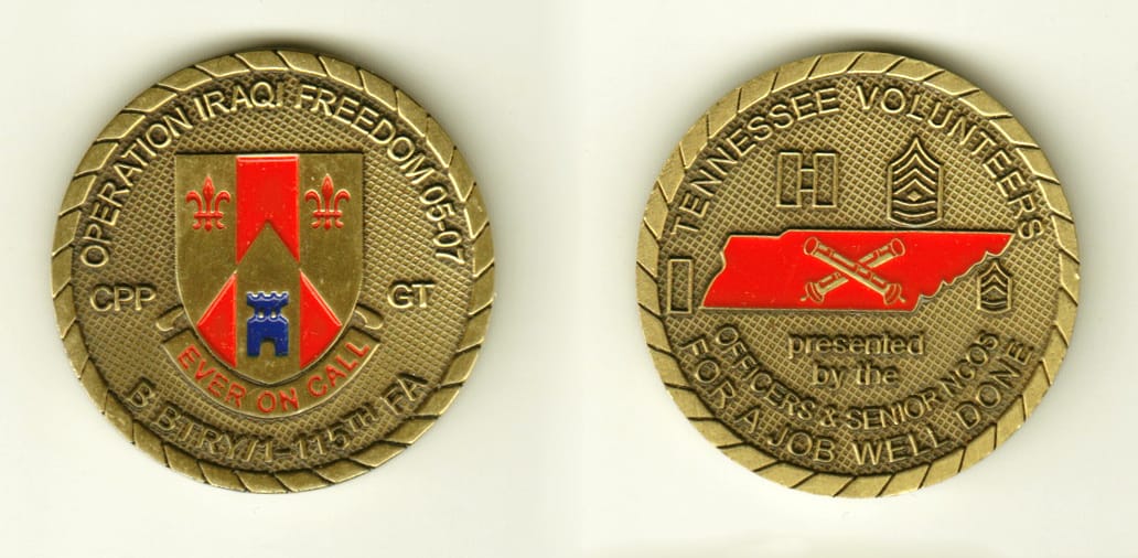 Round shaped, brass colored coin, 1-3/4 inches in diameter.