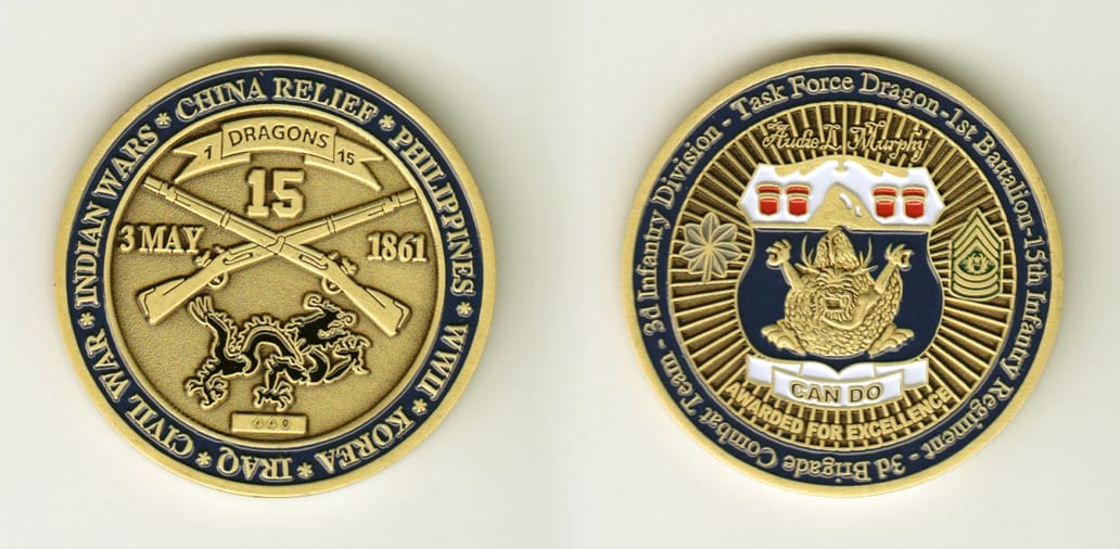 Round shaped, brass colored coin, 1-3/4 inches in diameter.