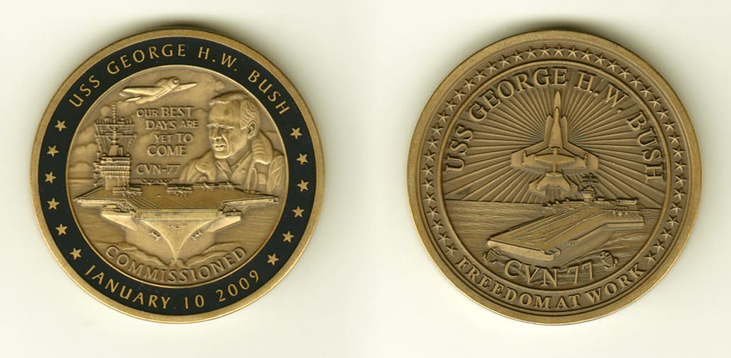 Round shaped, gold colored coin, 1-3/4 inches in diameter.