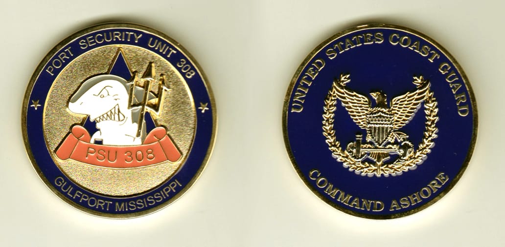 Round shaped, gold colored coin, 1-3/4 inches in diameter.