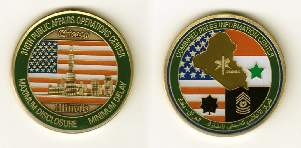 Round shaped, brass colored coin, 1-3/4 inches in diameter.