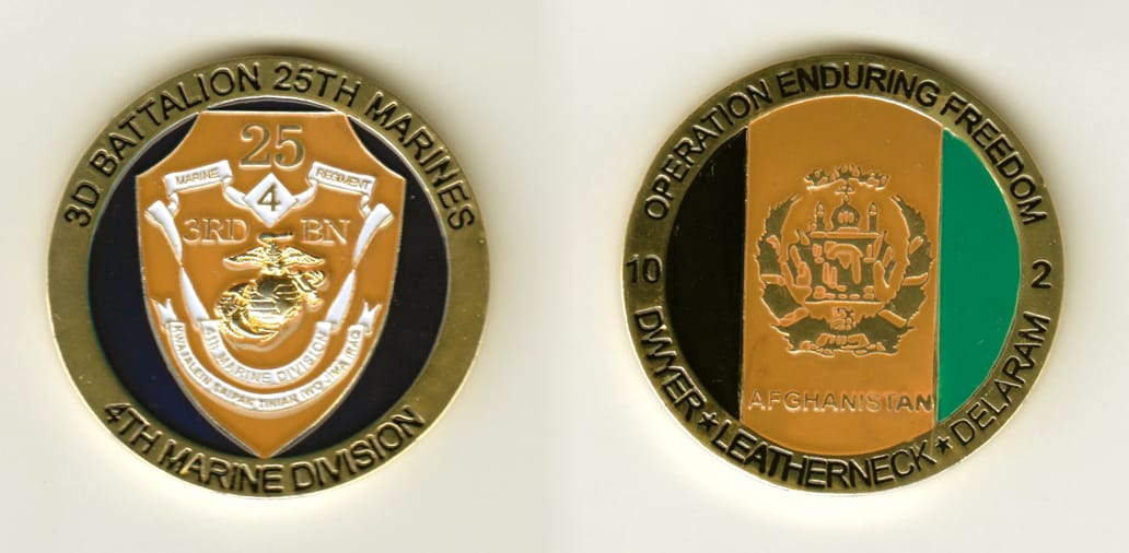 Round shaped, brass colored coin, 1-3/4 inches in diameter.