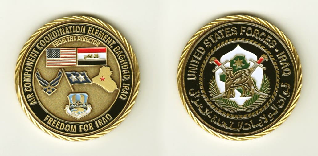 Round shaped, brass colored coin, 2 inches in diameter.