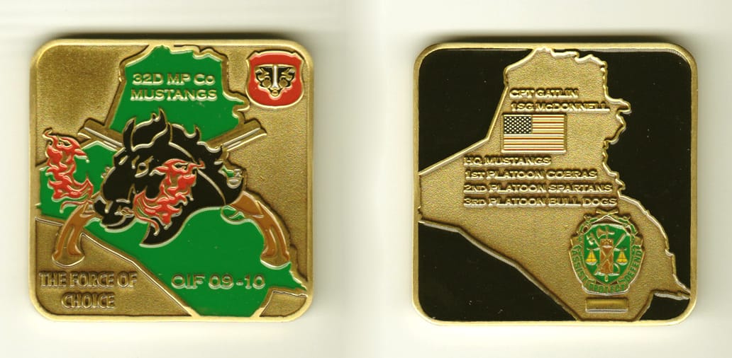 Square shaped, brass colored coin, 2 inches wide x 2 inches high.