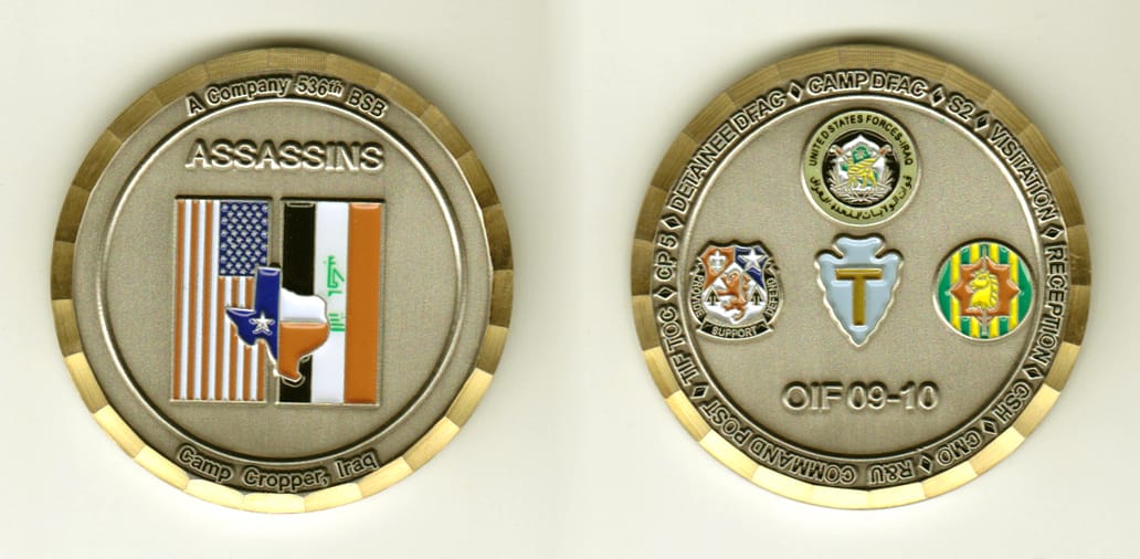 Round shaped, brass colored coin, 2 inches in diameter.