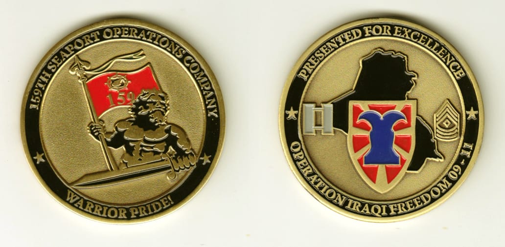 Round shaped, brass colored coin, 2 inches in diameter.