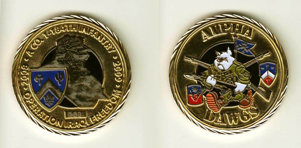 Round shaped, gold colored coin, 2 inches in diameter.