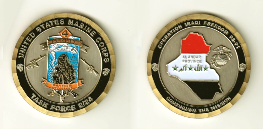 Round shaped, brass colored coin, 2 inches in diameter.