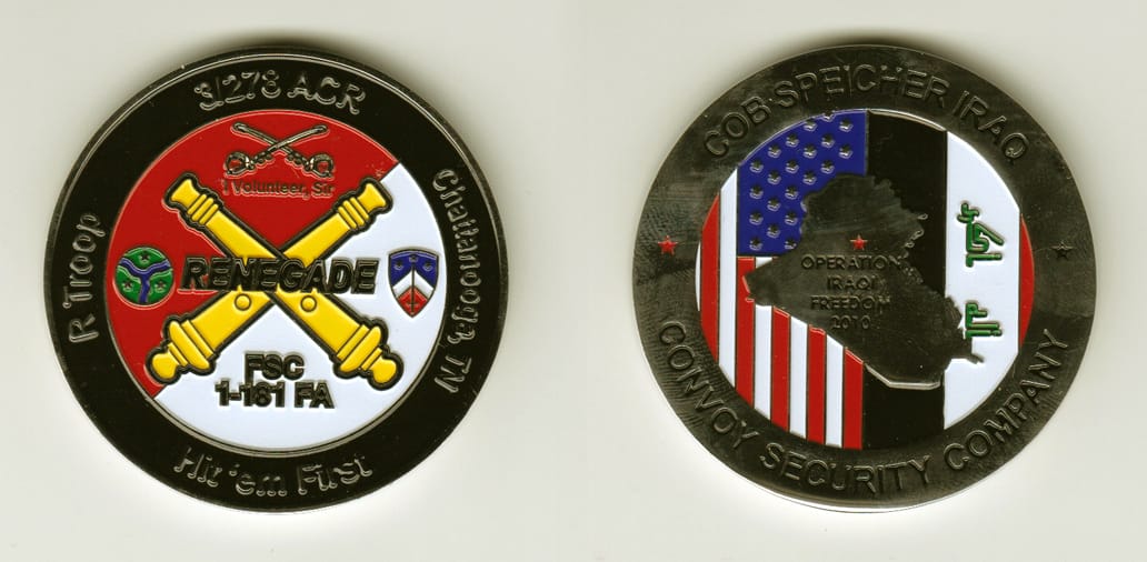 Round shaped, silver colored coin, 2 inches in diameter.