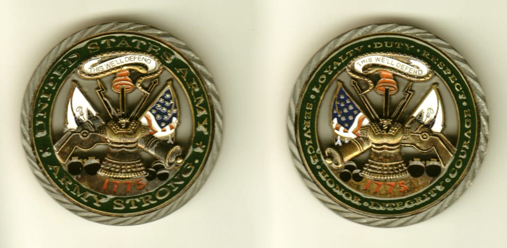 Round shaped, antique brass colored coin, 1-1/2 inches in diameter.