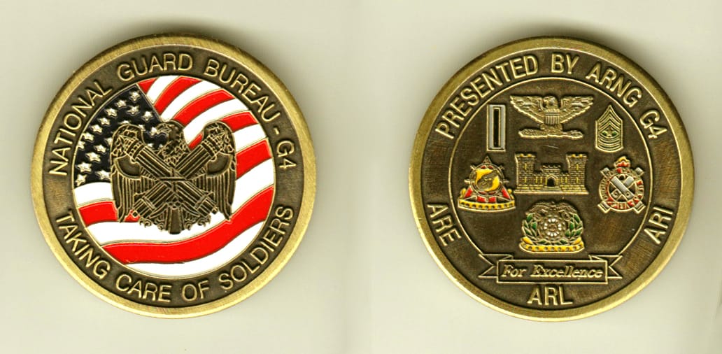 Round shaped, brass colored coin, 1-3/4 inches in diameter.