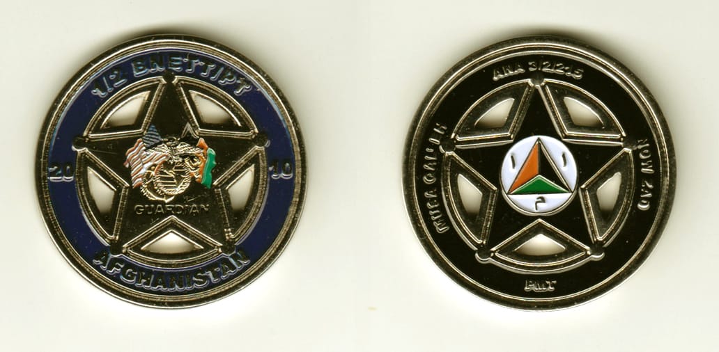 Round shaped, silver colored coin, 1-3/4 inches in diameter.