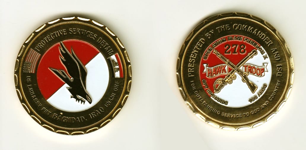 Round shaped, gold colored coin, 1-3/4 inches in diameter.