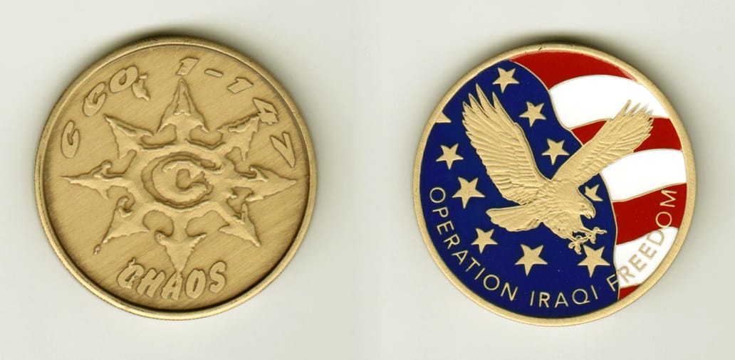 Round shaped, brass colored coin, 1-1/2 inches in diameter.