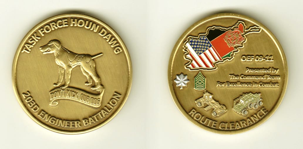 Round shaped, brass colored coin, 1-3/4 inches in diameter.