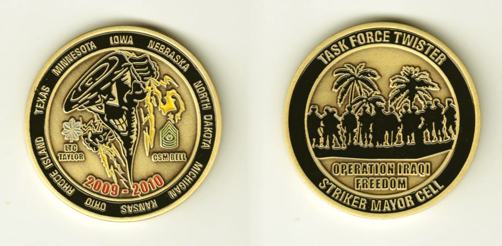 Round shaped, brass colored coin, 1-3/4 inches in diameter.