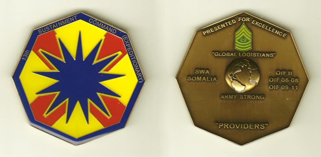 Octagon shaped, brass colored coin, 2-1/2 inches in diameter.