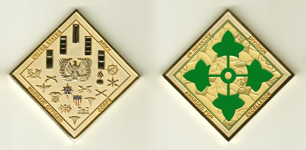 Diamond shaped, brass colored coin, 2 inches wide x 2 inches high.