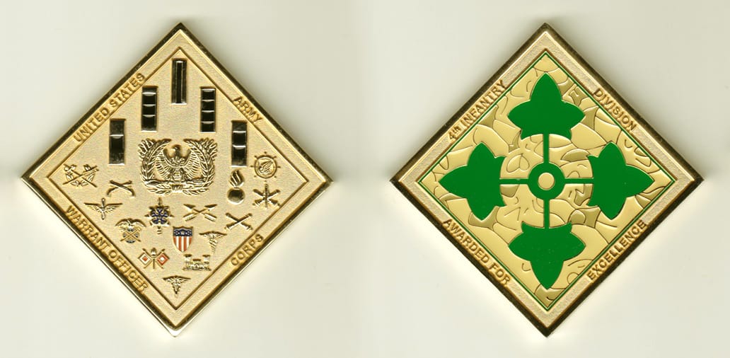 Diamond shaped, brass colored coin, 2 inches wide x 2 inches high.