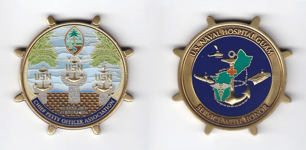 Ship's wheel shaped, brass colored coin, 2-1/8 inches in diameter.