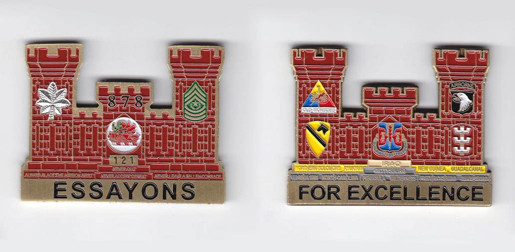 Engineer castle shaped, brass colored coin, 2-1/2 inches wide x 2 inches high.